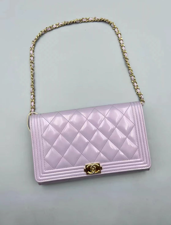 Chanel Pearl Pink Patent Calfskin Quilted Boy Wallet on Chain WOC Pink