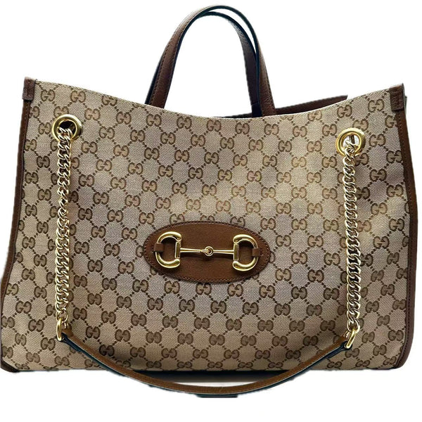 Pre-owned Gucci Horsebit 1955 Chain Tote GG Canvas Large