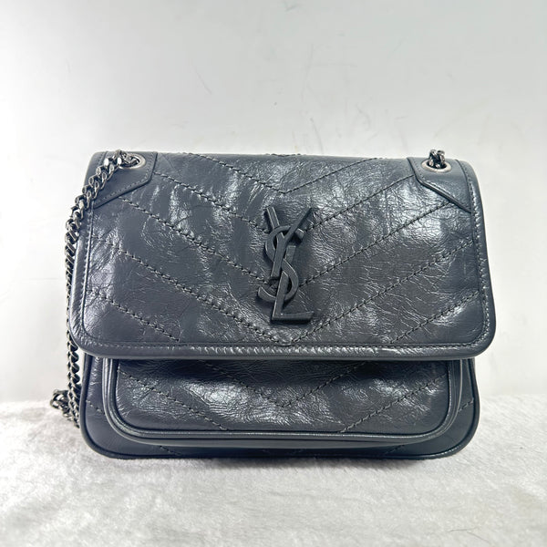 Pre-owned Saint Laurent Niki Chain Flap Bag Matelasse Chevron Leather Baby