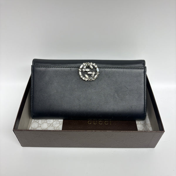 Pre-owned Gucci Grainy Calfskin Long Wallet Black Calfskin