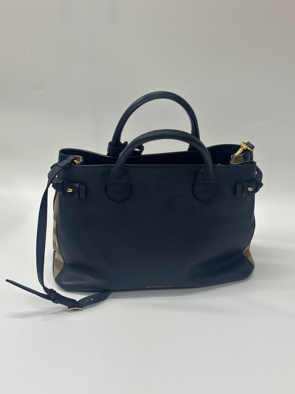 Pre-owned Burberry Banner Tote Leather and House Check Canvas