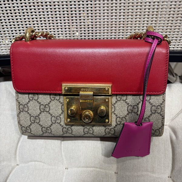 Pre-owned Gucci Padlock Red Calfskin Flap GG Canvas Crossbody