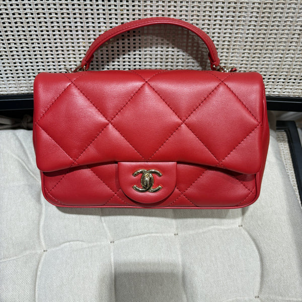 Pre-owned Chanel Red Calfskin Mini Square Top Handle