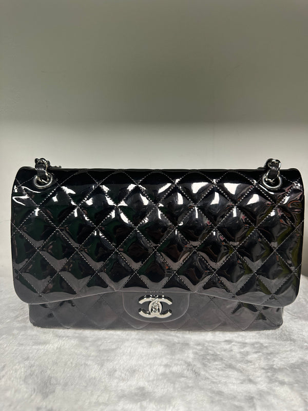 Chanel Classic Double Flap Bag Quilted Black Patent Jumbo