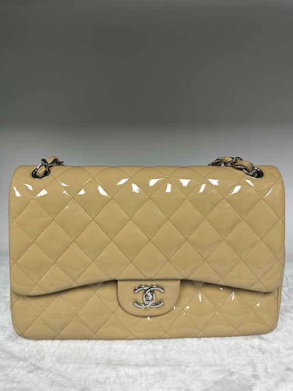 Chanel Classic Double Flap Bag Quilted Beige Patent Jumbo