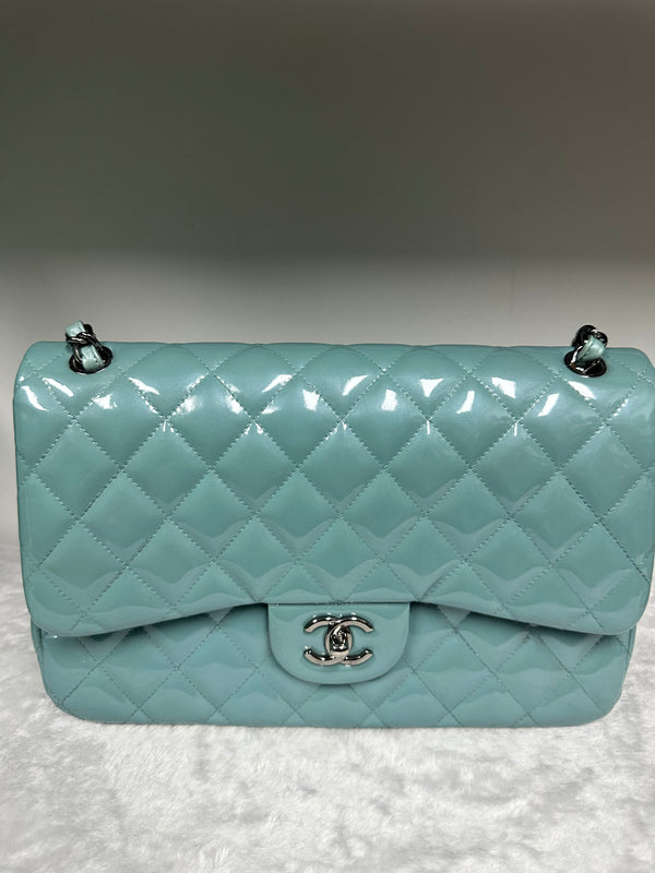 Chanel Classic Double Flap Bag Quilted Patent Baby Blue Jumbo