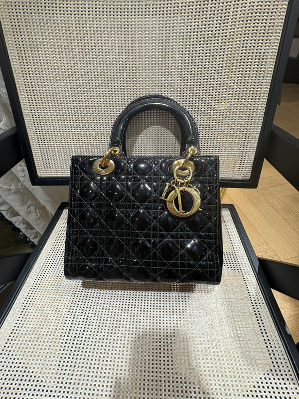 Pre-owned Christian Dior Lady Dior Black Patent Gold Handware
