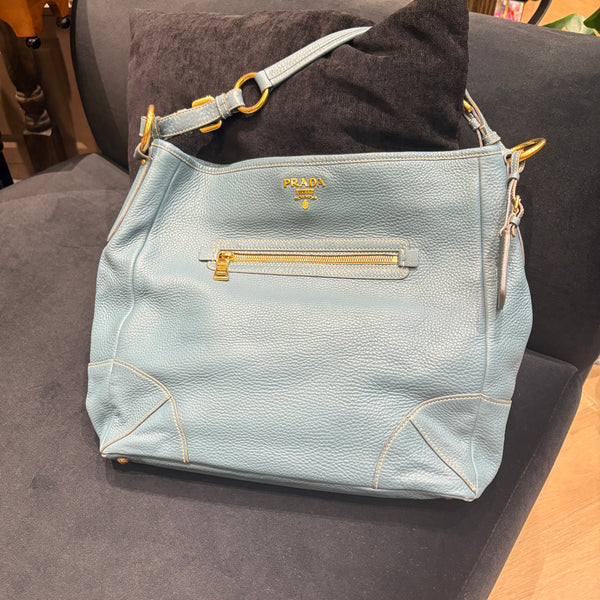 Pre-owned Prada Jeans Blue Grainy Calfskin Handbag