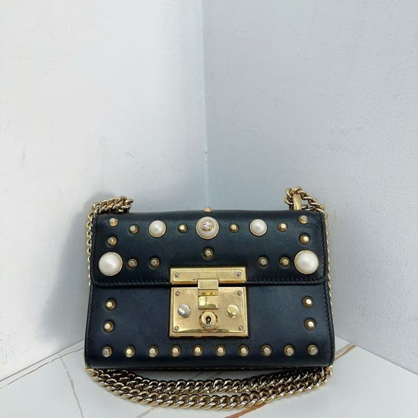 Pre-owned Gucci Pearly Padlock Shoulder Bag Studded Leather Small