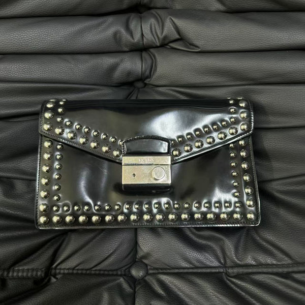 Pre-owned Prada Black Waxy Calfskin Studs Crossbody