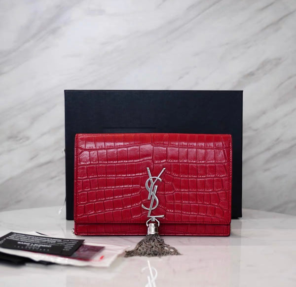 Saint Laurent Classic Monogram Tassel Chain Wallet Crocodile Embossed Leather