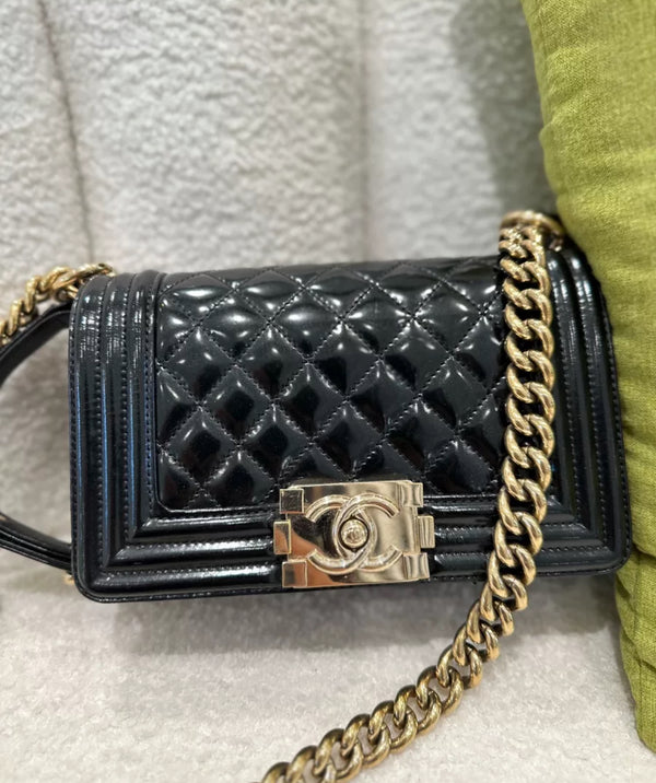 Chanel Boy Flap Bag Quilted Black Patent Small Payment 1