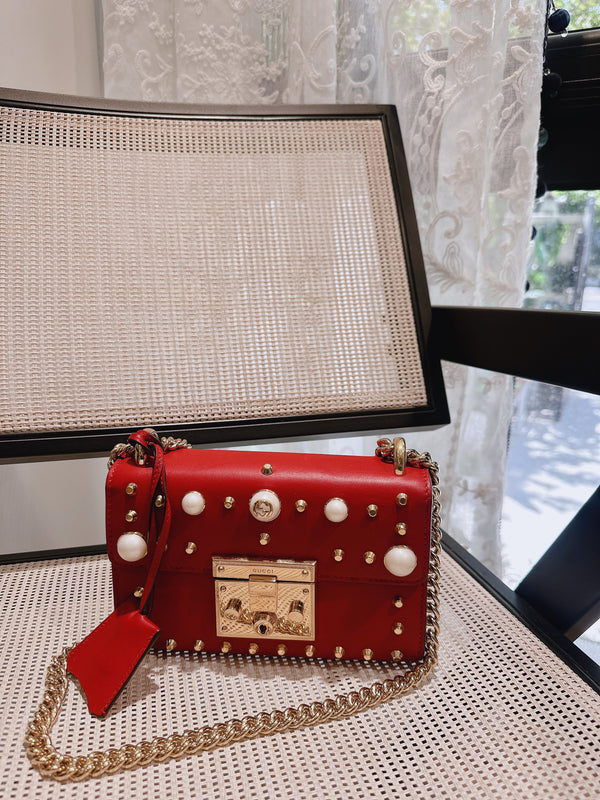 Pre-owned Gucci Padlock Shoulder Bag Pearls and Leather Small