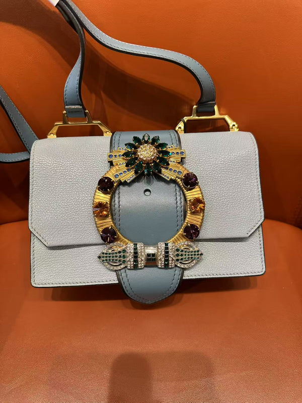 Pre-owned Miu Miu Madras Crystal Buckle Shoulder Bag Leather Small