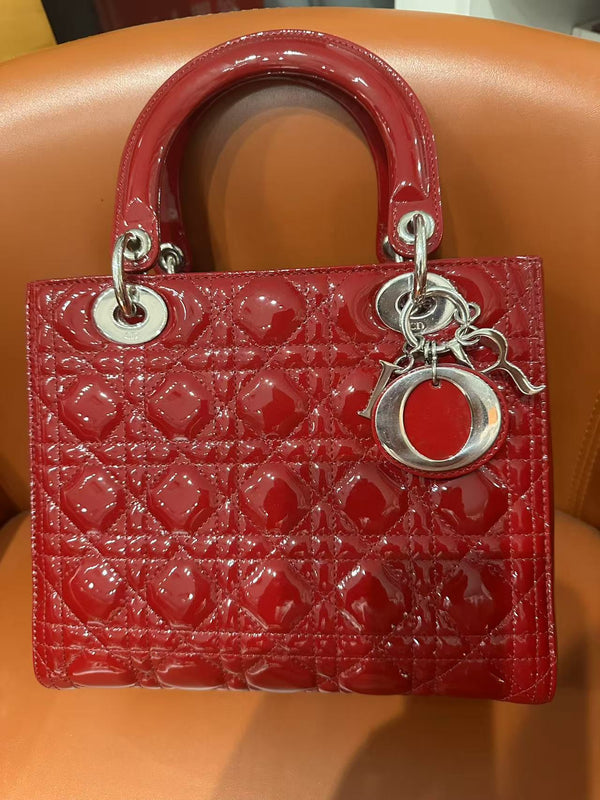 Pre-owned Christian DIor Lady Dior Red Patent Leather Crossbody