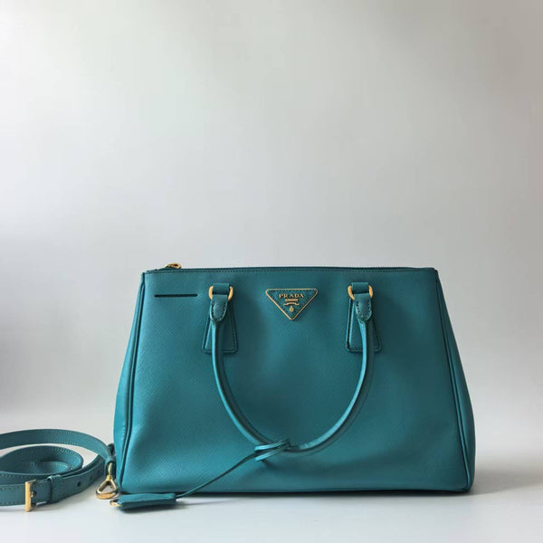 Pre-owned Prada Galleria Double Zip Tote Teal Saffiano Leather Medium