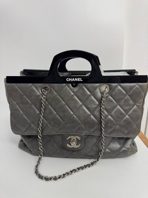 Pre-owned Chanel Vintage Aged Calfskin Gray CC Tote Limited