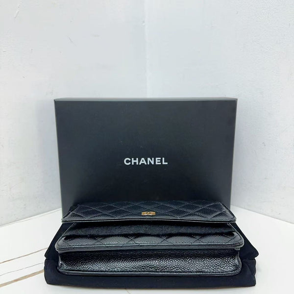 Pre-owned Chanel Classic Flap Wallet on Chain Quilted Caviar Black