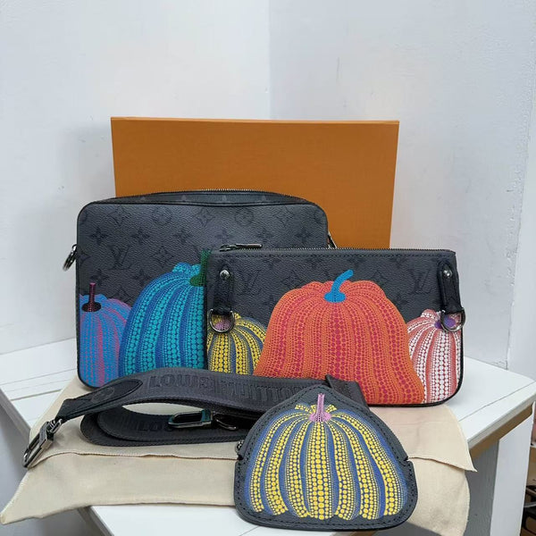 Pre-owned Louis Vuitton Trio Messenger Bag Yayoi Kusama Pumpkins Reverse Monogram Eclipse Canvas