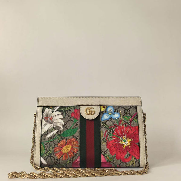 Pre-owned Gucci Ophidia Chain Shoulder Bag Flora GG Coated Canvas Small