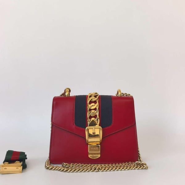Pre-owned Gucci Sylvia Red Chain Shoulder Bag Leather Mini
