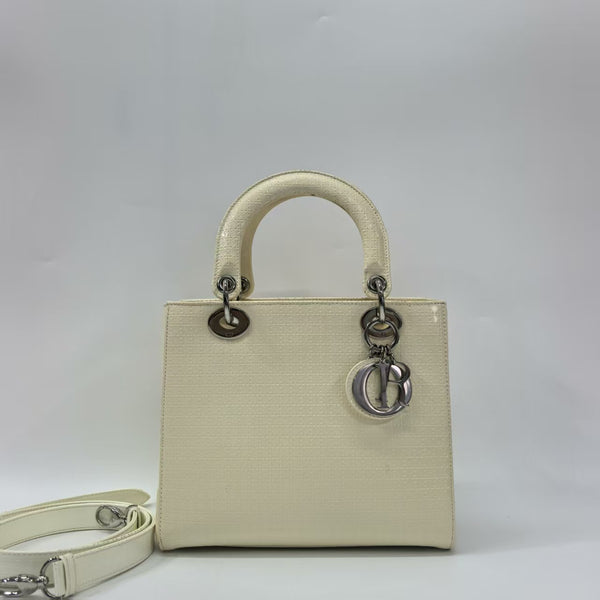 Pre-owned Christian Dior Lady Dior Off White Calfskin Medium