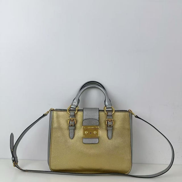 Pre-owned Prada Textured Calfskin Gold Sliver Classic Handbag