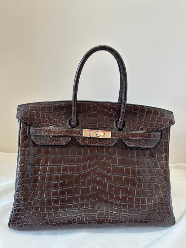 Hermes Birkin Handbag Ebene Matte Alligator with Gold Hardware 35