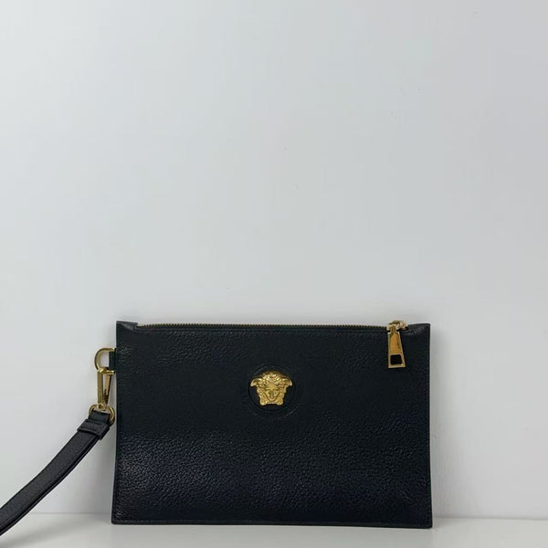 Pre-owned Versace Black Calfskin Golden Handware Clutch