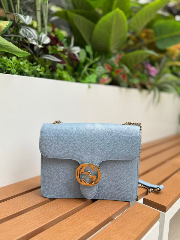 Pre-owned Gucci 1207 Baby Blue GG Interlocking Grainy Calfskin Crossbody