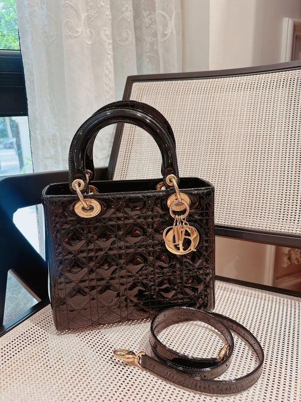 Pre-owned Christian Dior Lady Dior Black Patent Leather Crossbody