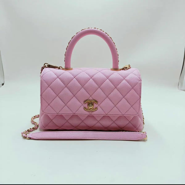 Chanel Coco Top Handle Bag Quilted Caviar with Chain Detail Handle Pink